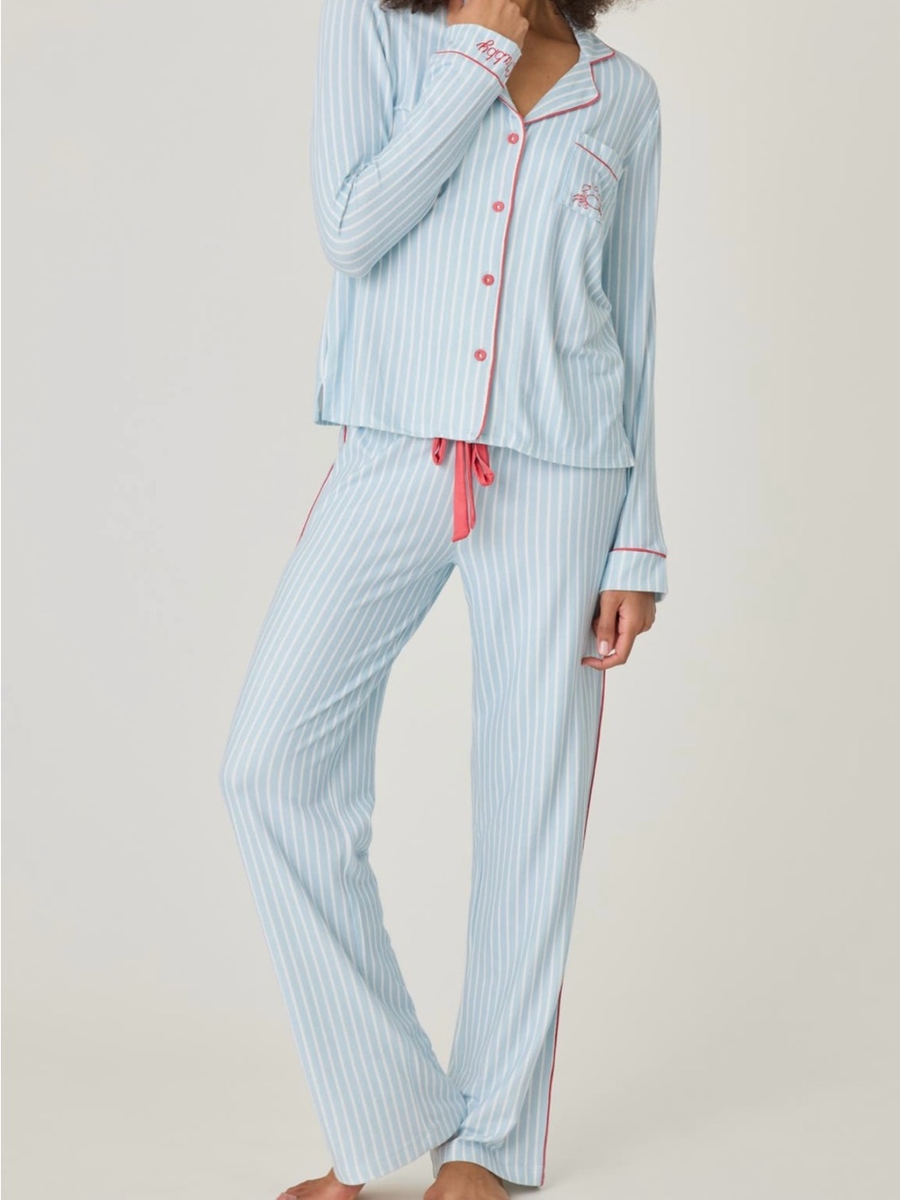 P.J. Salvage Light Blue and White Striped Pajama Set with Red Trim